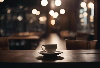 Deurstickers Cup of coffee on the dark wood table in the cafe with a blurred background in evening © FrameFinesse