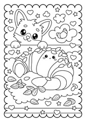 Cute kawaii almond croissant and corgi. Sweets, dessert. Cute coloring page for kids and adults, black and white vector illustration.