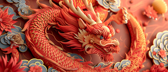 Obraz premium Chinese dragon new year background. Paper cut style 