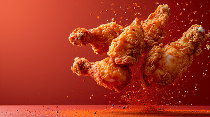 Delicious fried chicken wings mix with spicy ingredients herbs on red background