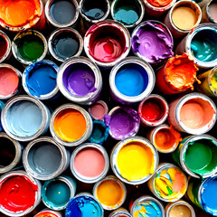 Various color paints in paint buckets, thick and colorful paints. High quality, can be used as background or texture