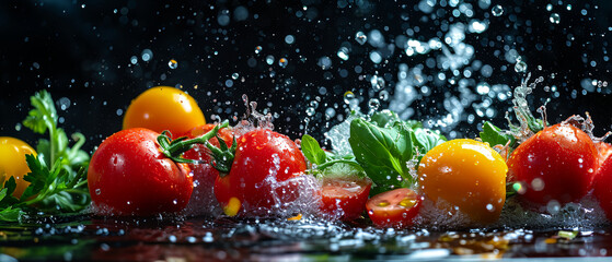 Fresh organic vegetables with water splash on black background
