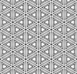 Abstract Seamless Geometric Hexagons and Triangles Pattern. Black and White Texture. Vector Art.