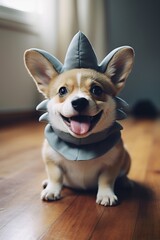 Cute puppy with a fake shark fin on his back.
