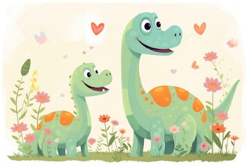 Illustration of a dinosaur mom and her baby with flowers around on a white background.