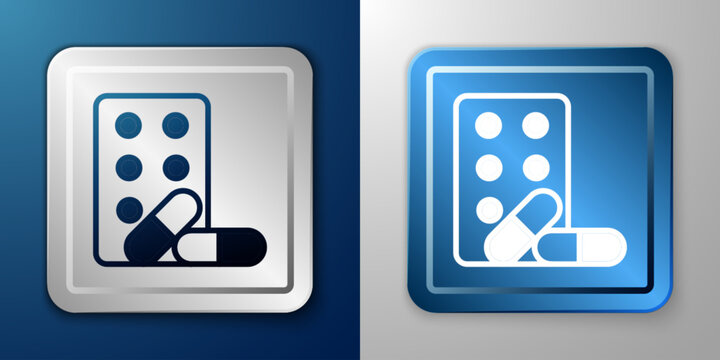 White Sports doping, anabolic drugs with dumbbell icon isolated on blue and grey background. Anabolic steroids tablet. Pills in jar. Silver and blue square button. Vector