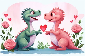 Fototapeta premium Illustration of a couple of lovers dinosaurs.