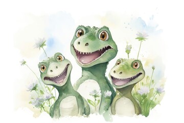 Watercolor illustration of a dinosaur mom and her kids with flowers around on a white background.