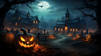 Fototapeta na wymiar Spooky halloween cartoon pumpkin jack o lantern heads in front of a graveyard with spooky buildings in the background lit up by full moon. Generative AI