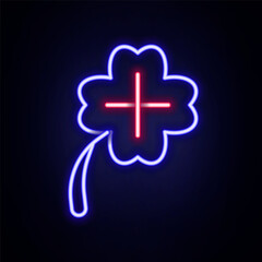 Glowing neon line Casino slot machine with clover symbol icon isolated on brick wall background. Gambling games. Colorful outline concept. Vector