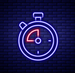 Glowing neon line Stopwatch icon isolated on brick wall background. Time timer sign. Chronometer sign. Colorful outline concept. Vector