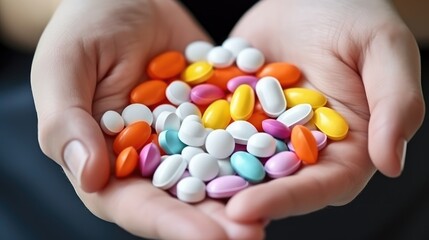 hands holding a large handful of multi-colored pills
