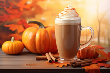Pumpkin Spice Latte with Cinnamon on Wooden Table