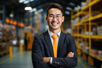 Portrait of a smiling Asian businessman in a suit and tie standing in a warehouse - obrazy, fototapety, plakaty