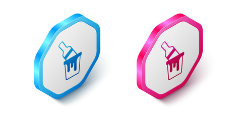 Isometric Paint bucket with brush icon isolated on white background. Hexagon button. Vector