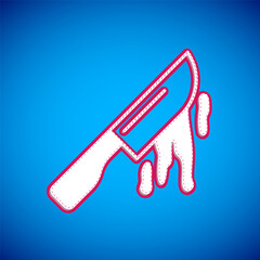 White Bloody knife icon isolated on blue background. Cutlery symbol. Happy Halloween party. Vector