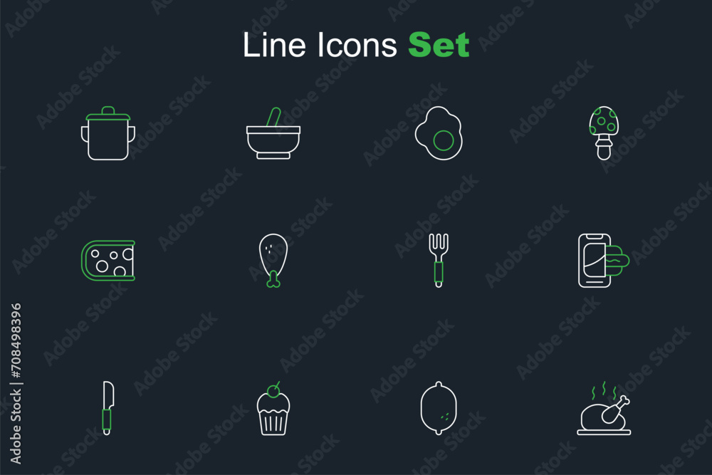 Poster Set line Roasted turkey or chicken, Lemon, Muffin, Knife, Food ordering mobile, Fork, Chicken leg and Cheese icon. Vector