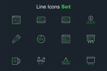 Set line Chalkboard, From 9 to 5 job, Push pin, Cup of tea, Board with graph, Resume, Deal and Repair price icon. Vector