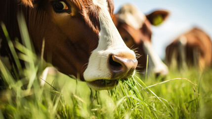 A brown cow grazes on a meadow and eats a young spring grass closeup.