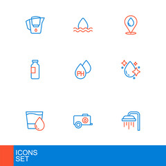 Set line Shower, Mobile water tank, Glass with, Water drop, Bottle of, location and icon. Vector