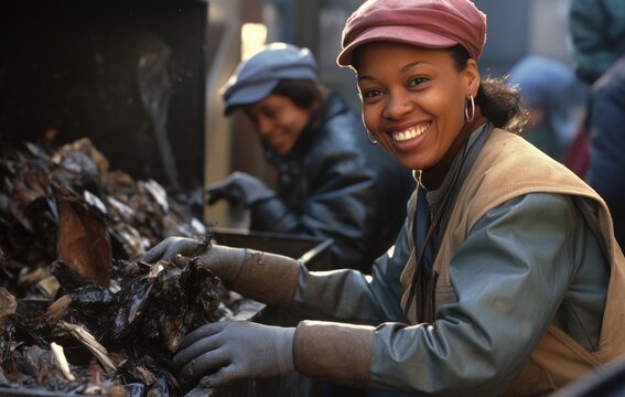 Smiling woman with gloves dumping trash, social responsibility picture