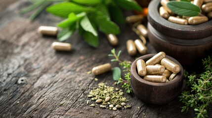 Herbal medicine in capsules from herb leaf on wooden table, Healthy eating with natural product for good living. Healthy concept. - obrazy, fototapety, plakaty