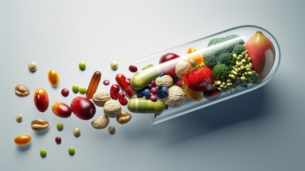 Medicine health concept. Nutritional supplement and vitamin supplements as a capsule with fruit vegetables nuts and beans inside a nutrient pill. - obrazy, fototapety, plakaty