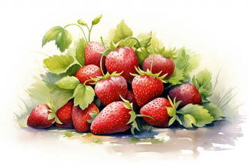 Watercolor group of strawberries surrounded by lush green leaves