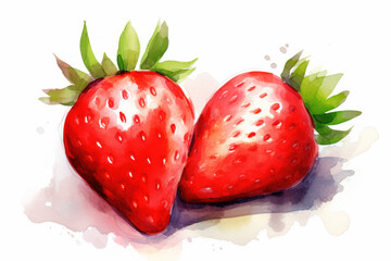 A vibrant watercolor of two ripe strawberries with a detailed texture