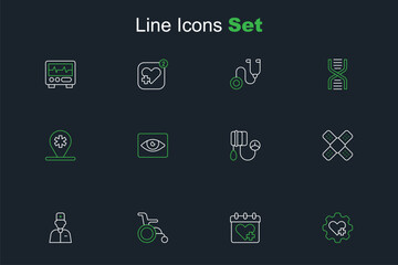 Set line Heart with cross, Doctor appointment, Wheelchair for disabled person, Male doctor, Crossed bandage plaster, Blood pressure, Red eye effect and Location hospital icon. Vector