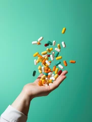 Fotobehang human hand with falling medical pills on pure background. Creative close up pharmacy or health care concept. Medical treatment for disease flu virus. © zayatssv