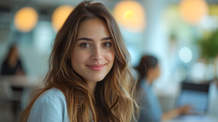 Obraz premium Successful young businesswoman standing in modern office and looking at camera. Woman entrepreneur in a co-working space smiling. Portrait of beautiful business woman standing. 