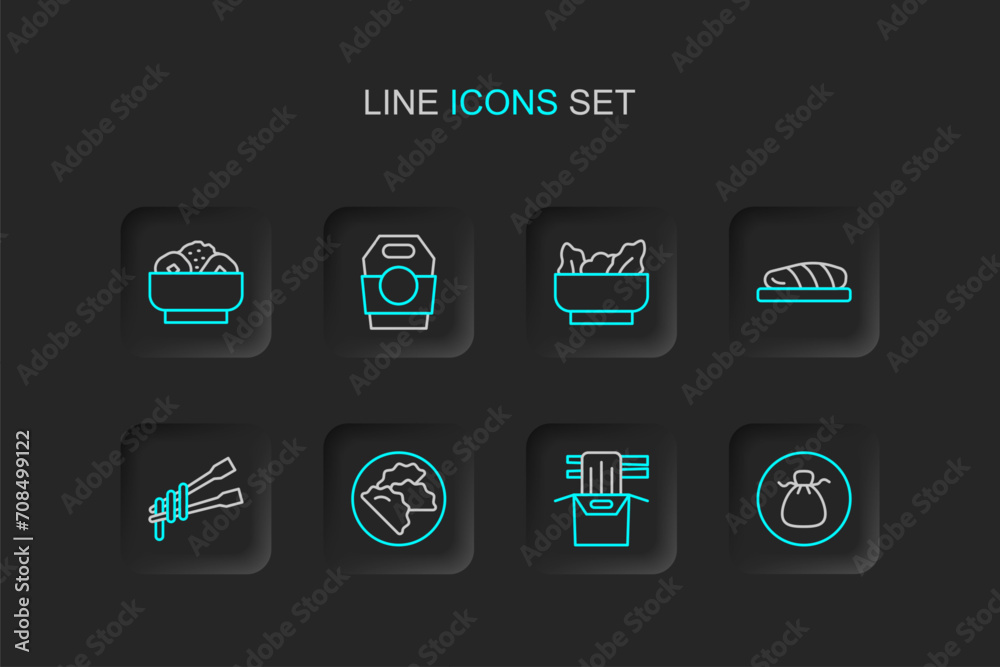 Poster Set line Wonton, Asian noodles in paper box, Dumpling, Food chopsticks with, Fish steak, and Chow mein plate icon. Vector