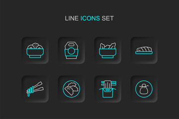 Set line Wonton, Asian noodles in paper box, Dumpling, Food chopsticks with, Fish steak, and Chow mein plate icon. Vector
