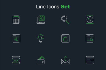 Set line Advertising, Mail and e-mail, Wallet with money, Browser window, Online shopping screen, Light bulb and icon. Vector