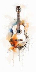 Naklejka premium Close-Up Watercolor Sketch of Acoustic Guitar and Classical Guitar on Musical Score