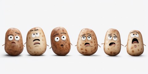 Collection of Friendly Potato Characters Expressing Emotions in Cartoon Caricature Style on Transparent Background