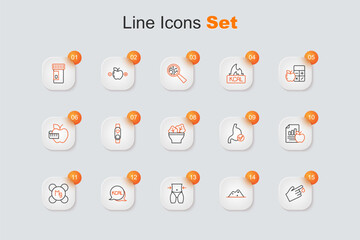 Set line Finger blood, Salt, Women waist, Kcal, Magnesium, Diet plan, Human stomach health and Salad bowl icon. Vector