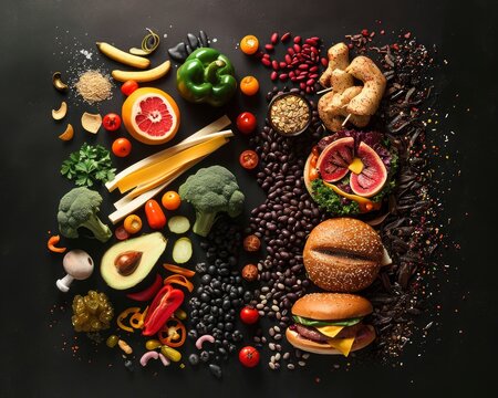 Striking Visual Concept Contrasting Fresh Nutrition and Unhealthy Junk, Impactful Imagery Showing Healthy Choices Versus Ominous Junk Food, Encouraging Healthier Lifestyles with Striking Visuals