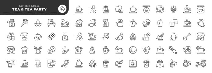 Set of line icons in linear style. Set - Tea and hot drink. Outline icon collection. Pictogram and infographic. Editable stroke