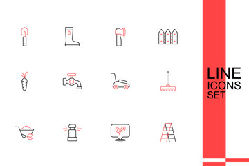 Set line Wooden staircase, Leaf, Automatic irrigation sprinklers, Wheelbarrow, Garden rake, Lawn mower, Water tap and Carrot icon. Vector