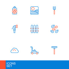 Set line Garden rake, Lawn mower, Cloudy weather, Seeds of specific plant, hose, fence wooden, pitchfork and Agriculture wheat field farm icon. Vector