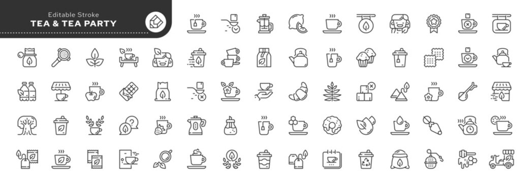 Set of line icons in linear style. Set - Tea and hot drink. Outline icon collection. Pictogram and infographic. Editable stroke