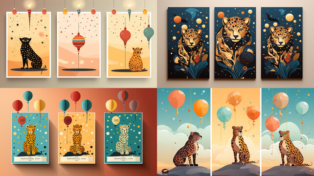 cartoon drawings Postcard of a cute leopard and friends. Fun, pastel colors.