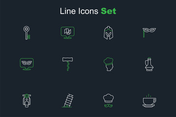 Fototapeta premium Set line Coffee cup, Italian cook, Leaning tower in Pisa, Scooter, Bottle olive oil, Wine corkscrew and Carnival mask icon. Vector