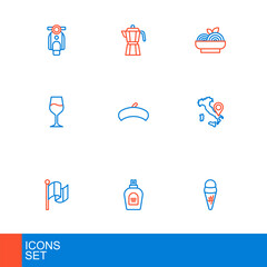 Set line Ice cream in waffle, Perfume, Flag Italy, Map of, Wine glass, French beret, Pasta spaghetti and Coffee maker moca pot icon. Vector