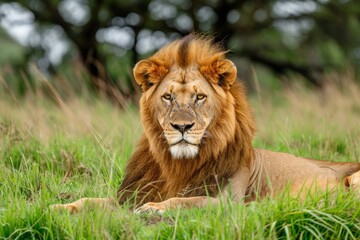 Fototapeta premium Big male African lion (Panthera leo) lying in the grass