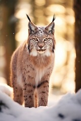 European lynx in a snowy forest in the winter.