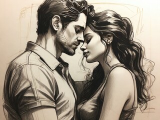 Fototapeta premium Drawing of a couple in love. Romantic relationship concept