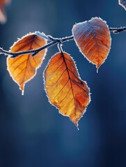 Orange beech leaves covered with frost in late fall or early winter.